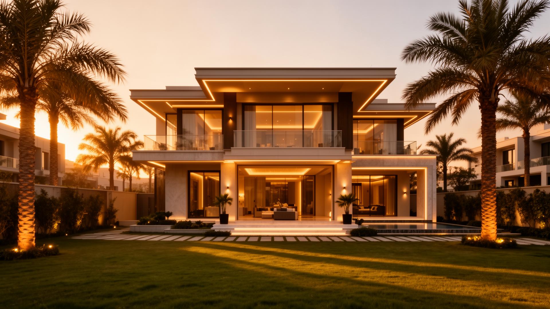Luxury villa exterior at golden hour